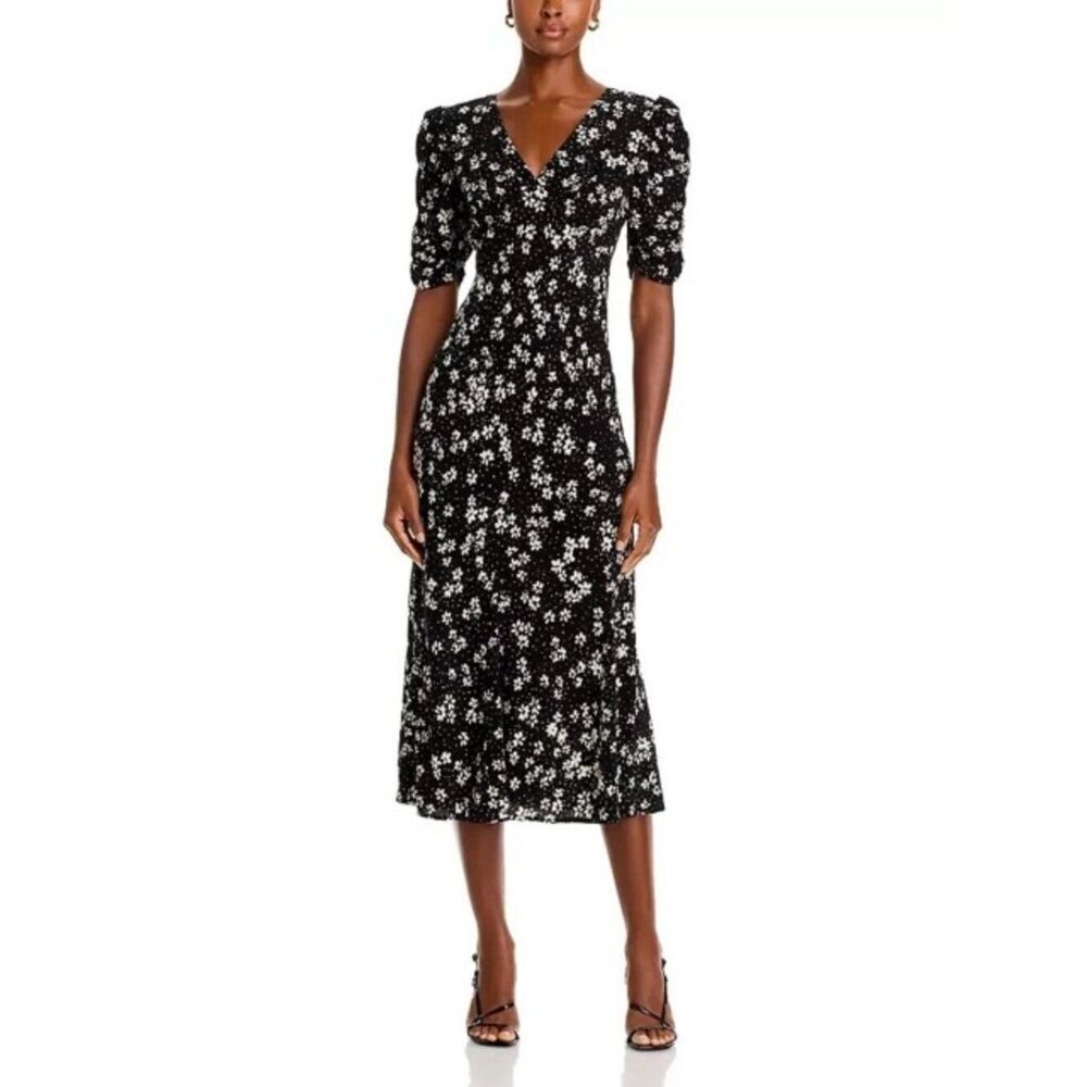 Rails Zariah Noir Floral Midi Dress Womens Sz XS Black White Short Sleeve V Neck